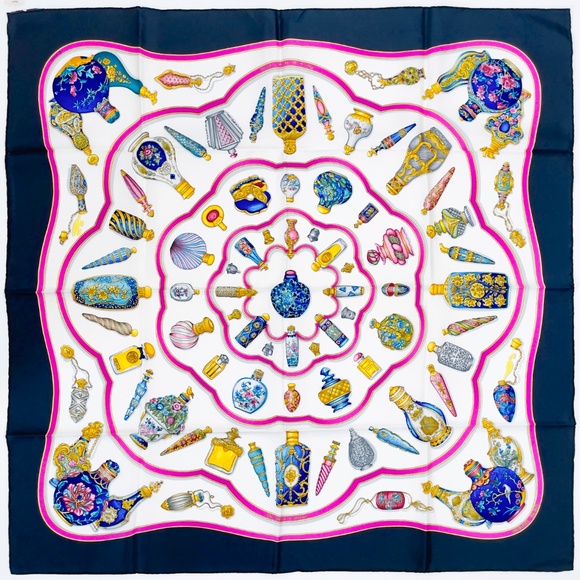 NWT Vintage Hermès Carré 90 "Qu'importe le Flacon" in Navy and Fuchsia - Picture 1 of 9